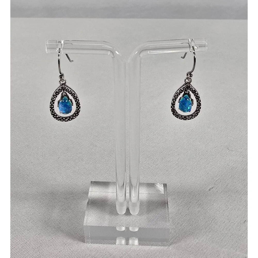Sterling Silver 925 Synthetic Opal & Marcasite‎ Teardrop Earrings Pierced Hook